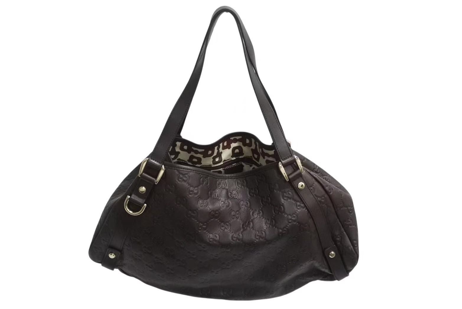 GUCCI グッチ アビー トートバッグ レザー 130736 ゴールド金具 グッチシマ 茶 ブラウン GG柄 4b002272