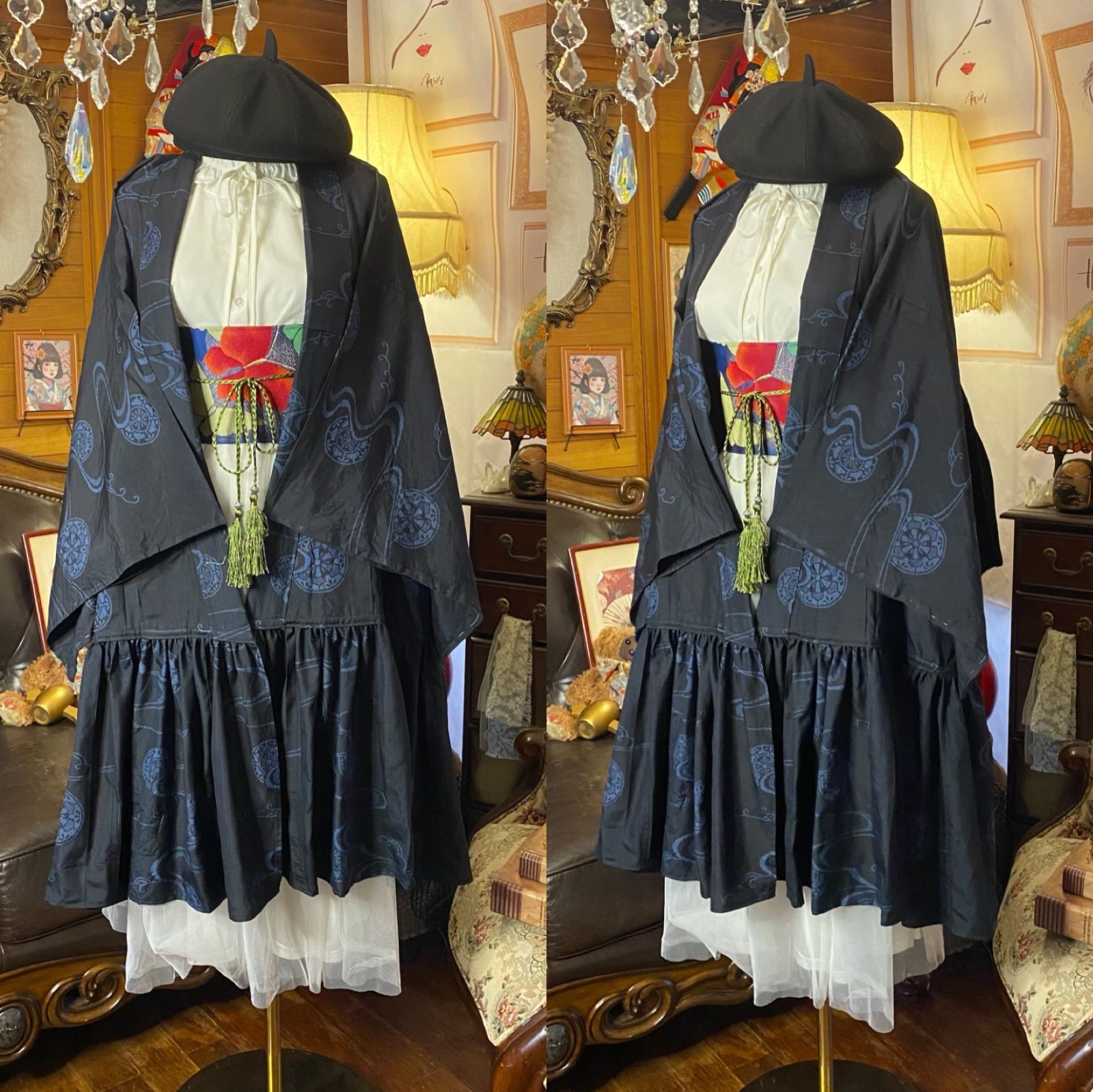 藍の濃淡で描いた流水に丸文