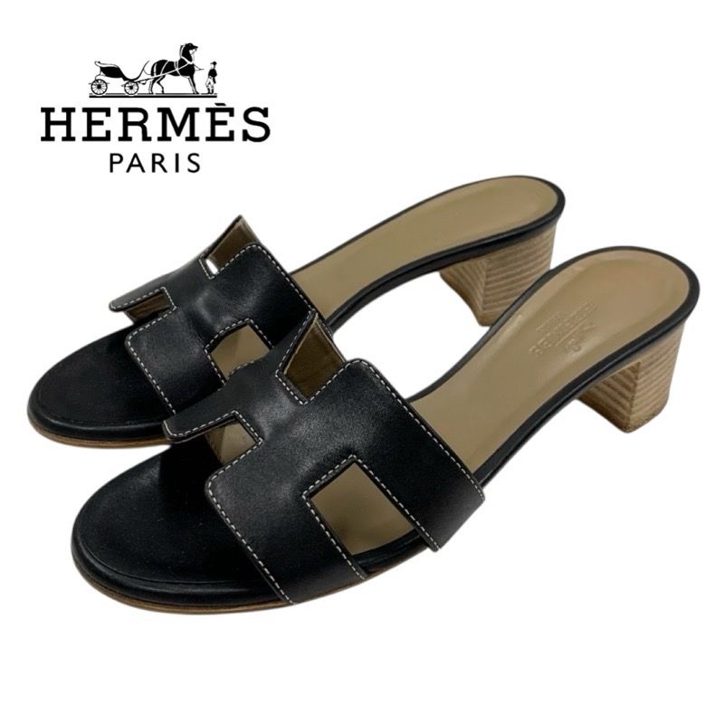 エルメス HERMES オアジス サンダル 靴 シューズ レザー ブラック 黒 ミュール