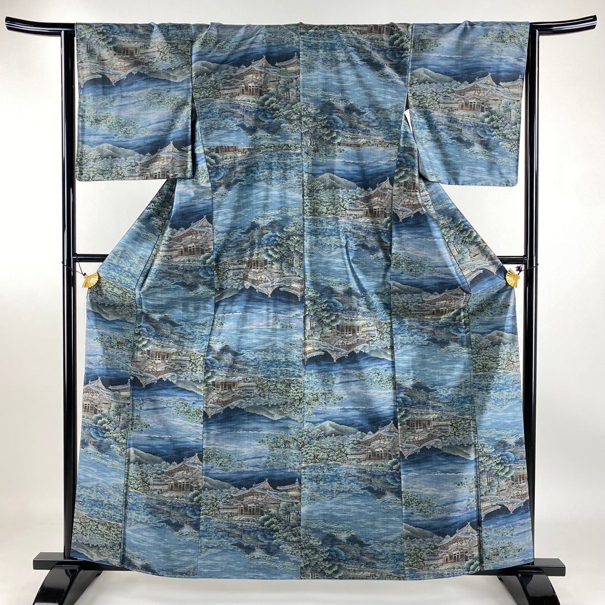 新品 高級 小紋 大島紬 袷 オシャレ着 身丈約156cm 裄丈65cm 紬 単衣 正絹 紺 可愛い 風景画 お洒落着 普段着 夏着物 裄66cm