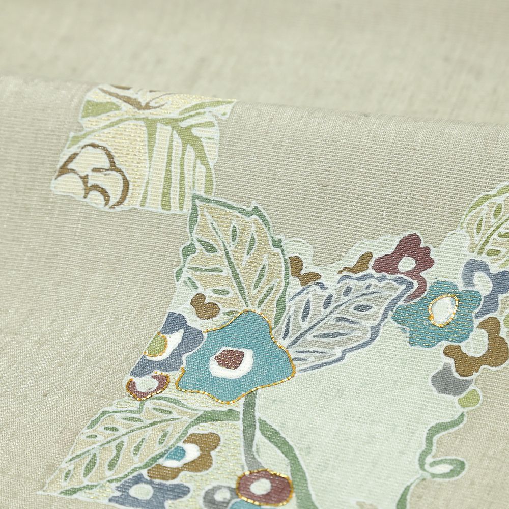 訪問着フルセット　紬　手刺繍　唐草地紋　グリーン系　着物　正絹　付け下げ　L2 正絹 刺繍訪問着【淡いグリーン 唐草模様】 [220222-ho-2
