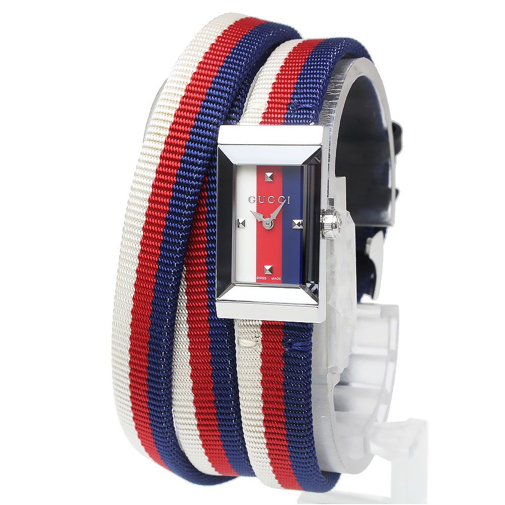 グッチ Gフレーム クォーツ クオーツ 腕時計 ステンレススチール ナイロン レザー ブルー レッド ホワイト 青 赤 白 YA147502 レディース GUCCI