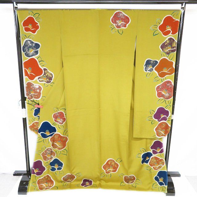 振袖 着物 中古 花模様 椿 黄金色 多色 金銀 L トール A1184-7