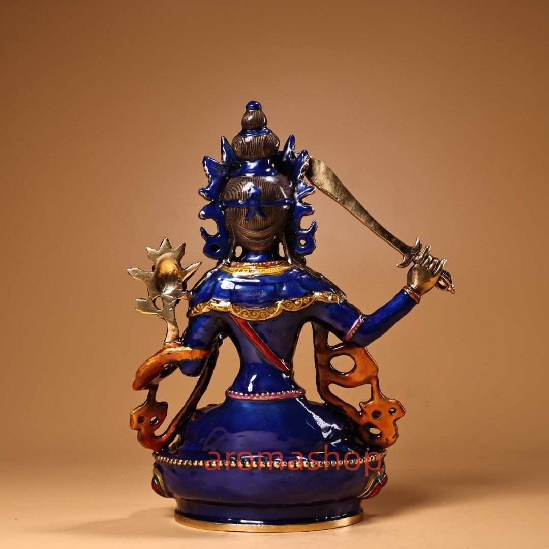 蔵伝純銅 景泰藍エナメル彩 文殊菩薩仏像 仏像 仏教 美術 置物 収蔵