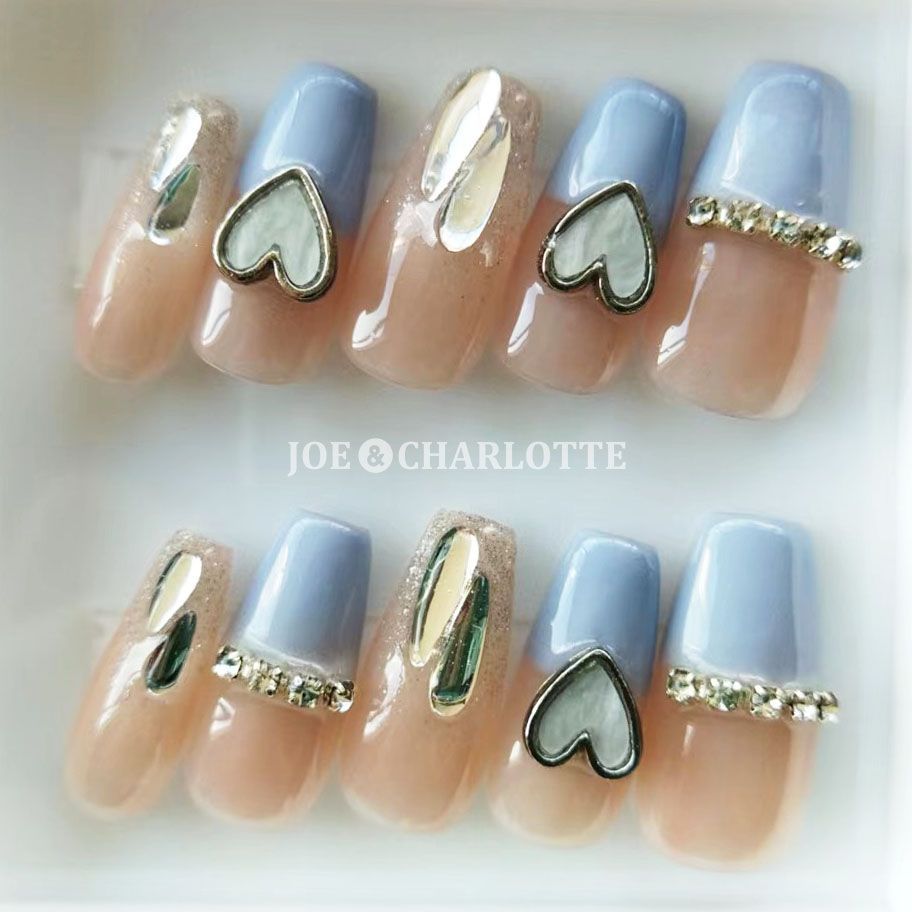 No.87 ジェルネイルチップ 逆フレンチ ビジュー ハート 青系 ピンク