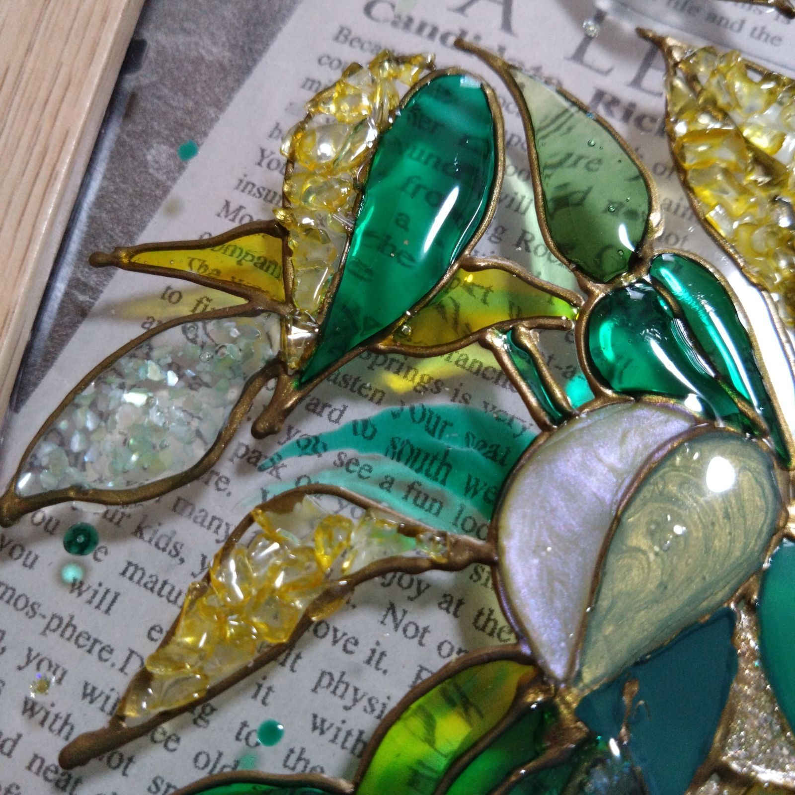 幸運☆天然石シトリンのガジュマル＆水晶 ステンドグラス風 縦長大きめ  