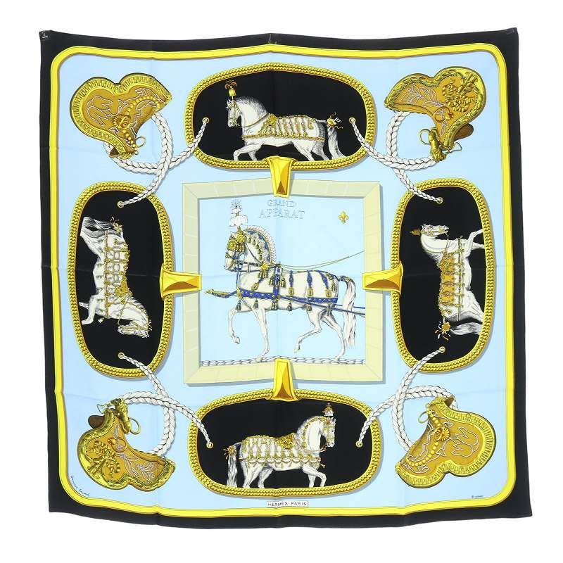 エルメス HERMES GRAND APPARAT 盛装の馬 スカーフ 総柄 水色 カレ90