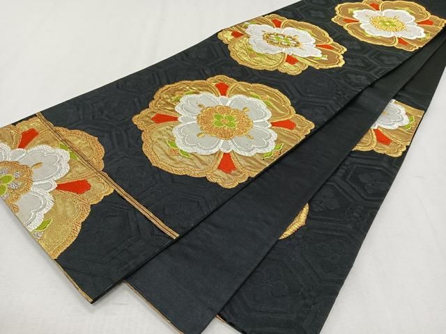 平和屋着物◎六通柄袋帯 唐織 正倉院花文 黒地 金銀糸 正絹 逸品 平和屋着物◎六通柄袋帯 唐織 正倉院花文 黒地 金銀糸 正絹 逸品