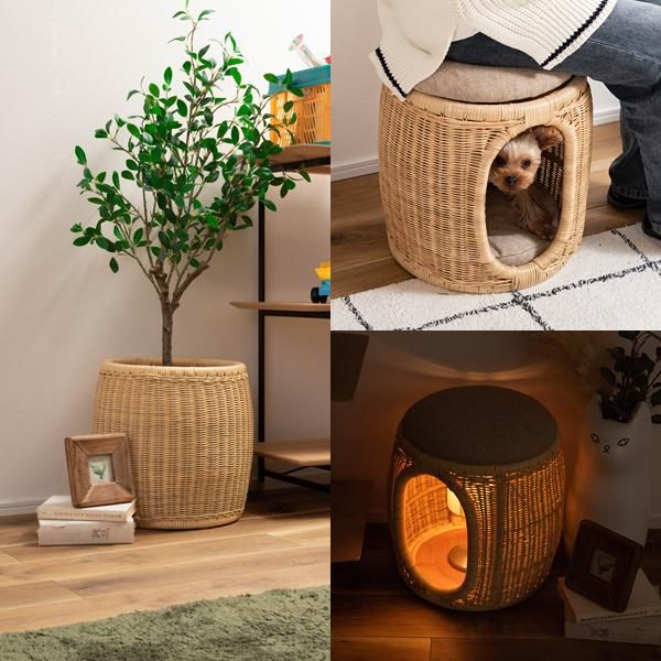 スツール 収納 ペットスツール ペットハウス キャットハウス 犬 猫 ネコ 座れる 椅子 プランターカバー 鉢入れ おもちゃ箱 収納ボックス 天然木 ラタン おしゃれ azm-pet-66