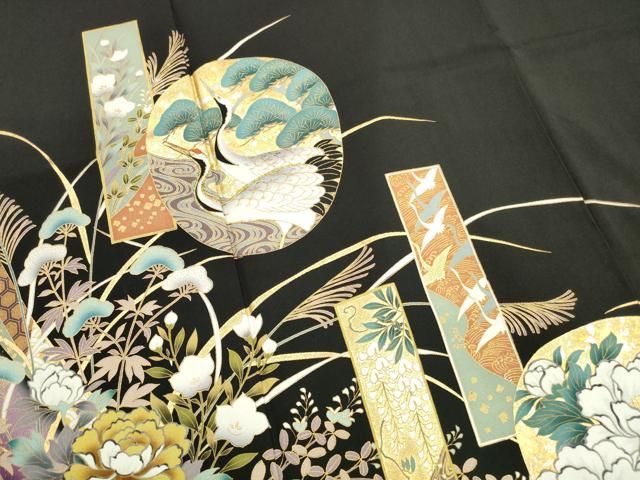 平和屋着物□豪華黒留袖 駒刺繍 群れ鶴花文 金彩 正絹 逸品