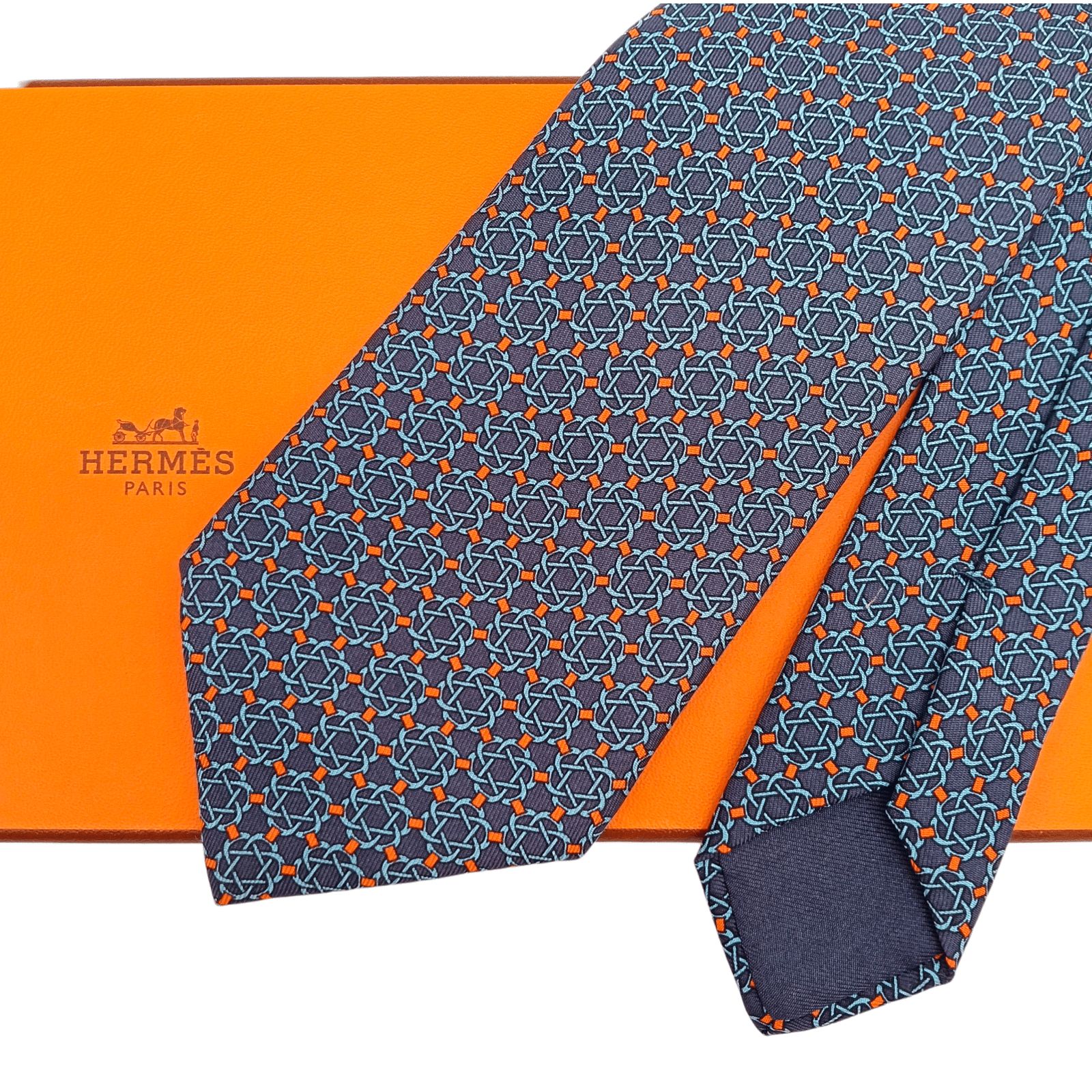 HERMES エルメス ネクタイ ネイビー ブルー 幾何学模様 605706 PA シルク