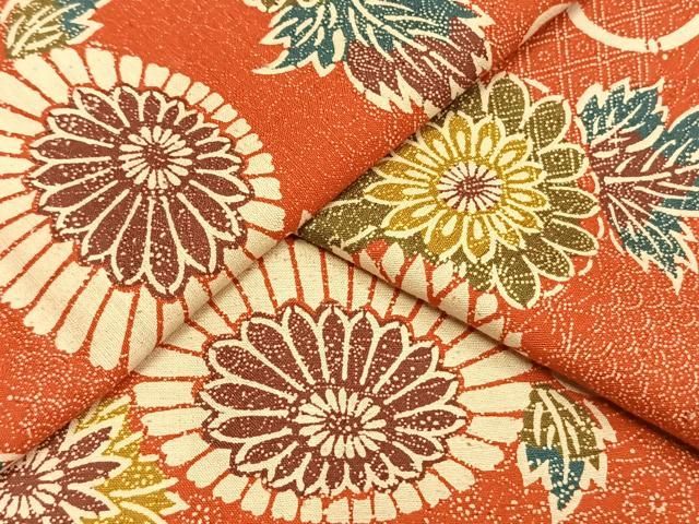 平和屋着物▽上質な小紋 単衣 紬地 型染め 花唐草文 西武百貨店扱い