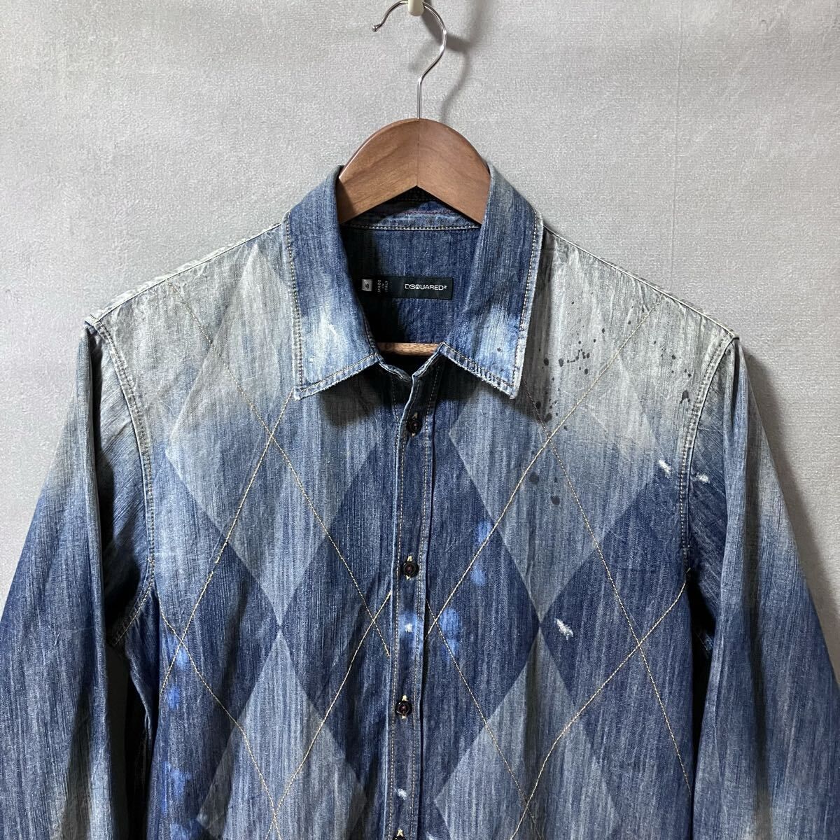 DSQUARED2 ディースクエアード アーガイル柄 デニム ブリーチ ペイント 加工 シャンブレー シャツ size.48 M インディゴ イタリア製