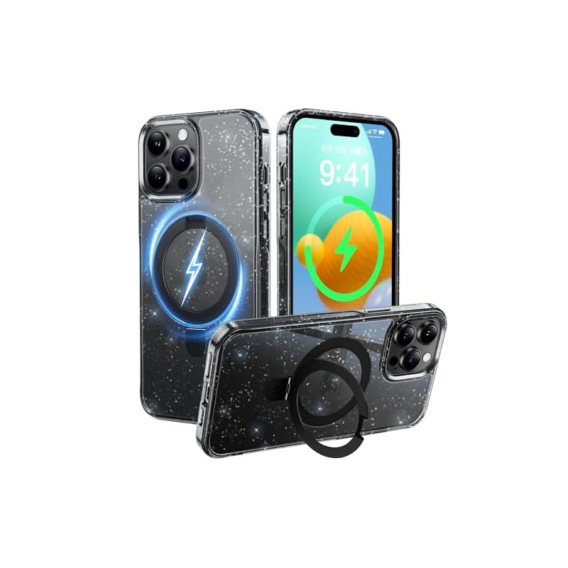 【極々透明感！内蔵4in1スタンド】CASEKOO iPhone 14 Pro Max 用ケース クリア 耐衝撃 米軍規格 ストラップホール付き カバー ワイヤレス充電対応 アイフォン 14 Pro Max 用 ケース(ラメ入りブラック) 0