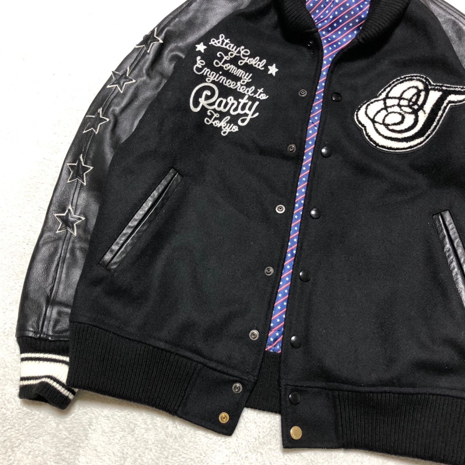 トミーヒルフィガー スタジアムジャンパー スタジャン 牛革 リアルレザー S/P TOMMY HILFIGER トミーヒルフィガー 袖レザー スタジャン size XL