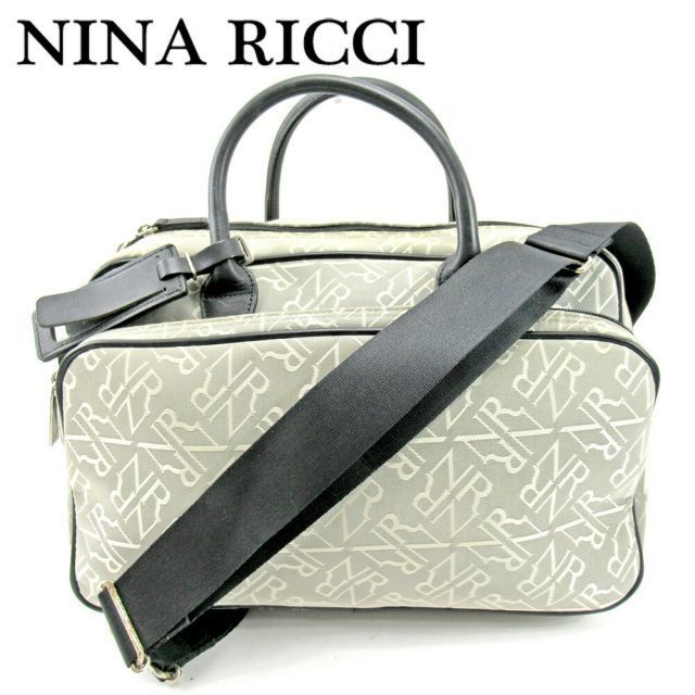 ニナリッチ ボストンバッグ 2WAYショルダー ミニボストン ロゴ ベージュ ブラック キャンバス×レザー NINA RICCI  E1495S