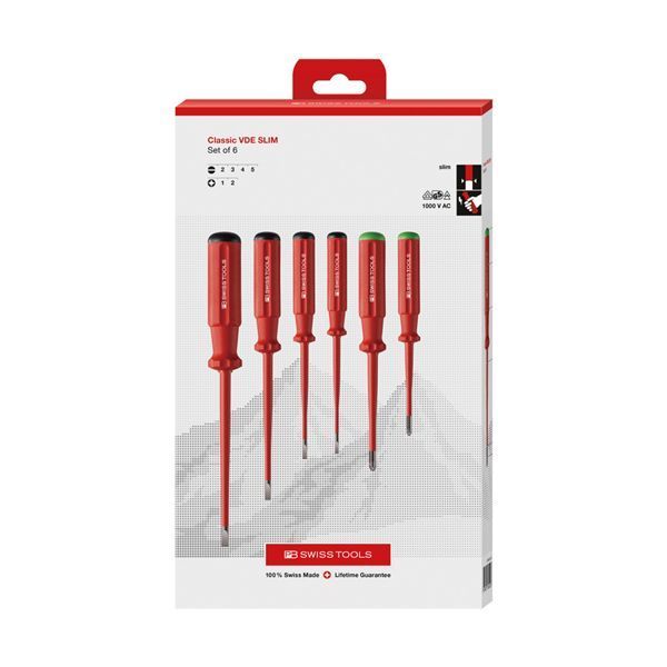 PB SWISS TOOLS ピービースイスツールズ 6本組 スイスグリップクラシックタイプ 絶縁ドライバーセット マイナス ポジプラス 先端スリム形状 ペーパーボックス入 5543.SLCBB