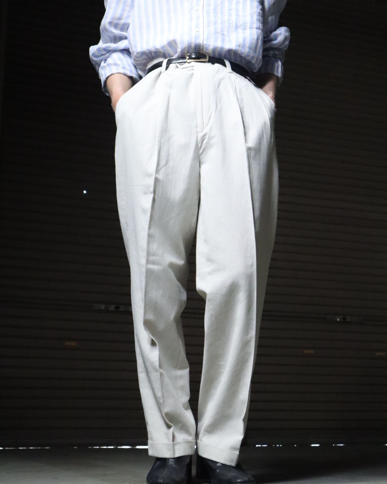1990s George 2tuck wide-straight linen slacks écru 90年代 リネン 2タック ワイド スラックス ダブル 白系 W34