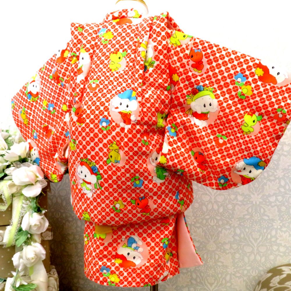 子供着物 レトロ 子供用 子象 小鳥 ウール アンサンブル ネル裏  綿入 袷 袖なし上着＆着物＆兵児帯セット 白 オレンジ 多色 ベビー