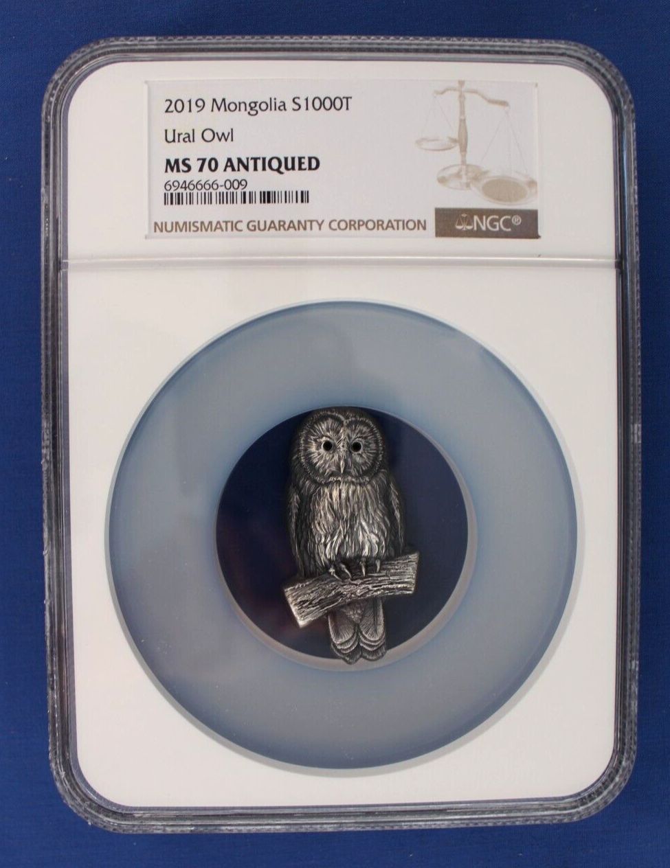 2019 Mongolia 2oz Silver 1000 Togrog coin Ural Owl NGC MS70 COA