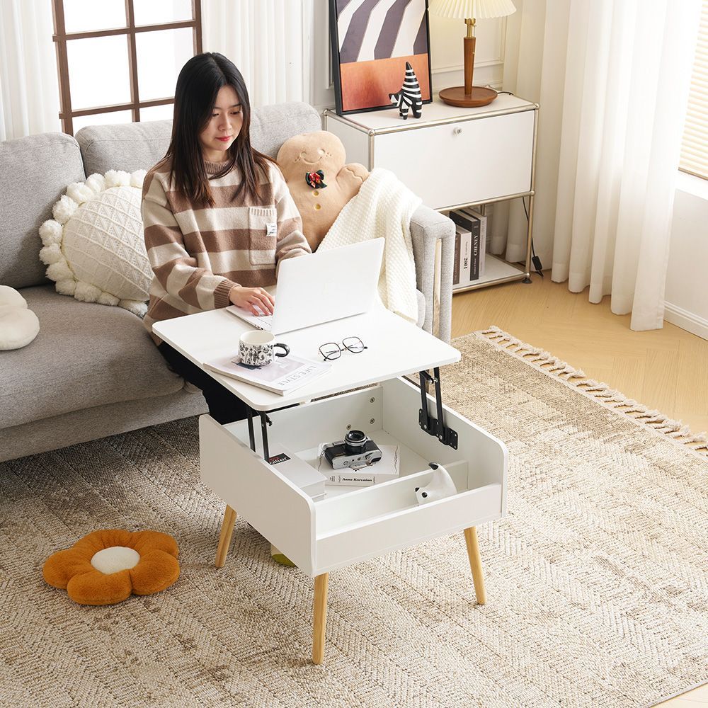 ホワイト昇降式センターテーブル｜幅 60CM｜収納付き｜北欧風｜リビングテーブル｜モダンデザイン｜コンパクトサイズ｜組立簡単｜耐久性抜群｜N507P268116A