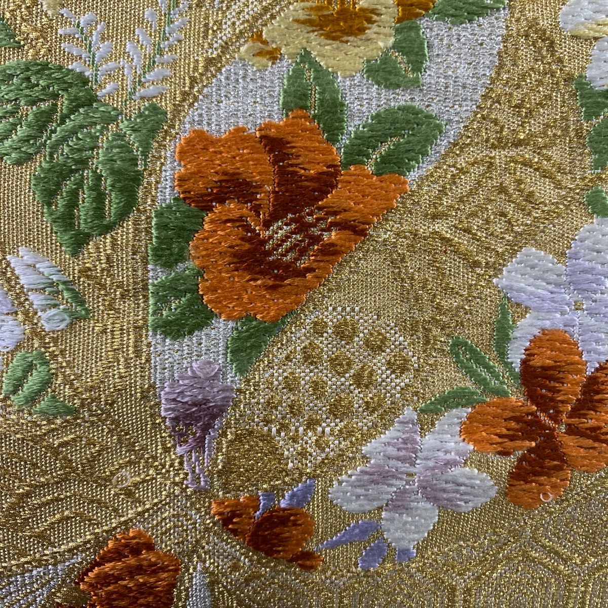 名古屋帯 秀品 八寸名古屋帯 松葉仕立て 関西仕立て 草花 鶴 金糸 刺繍 灰白 正絹