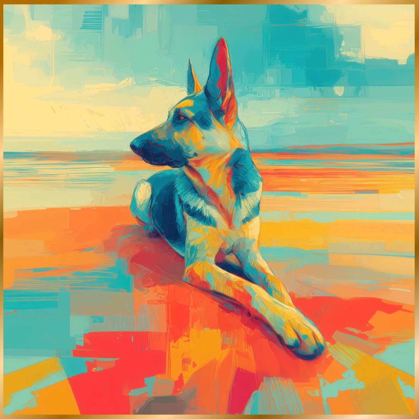 ジャーマンシェパード犬とビーチのスケッチ No.2 海 犬の絵 犬のイラスト おしゃれ ミニマリスト ミニマリズム シンプル インテリアアート ペットロス うちの子 記念日 アートポスター ギフト プレゼント