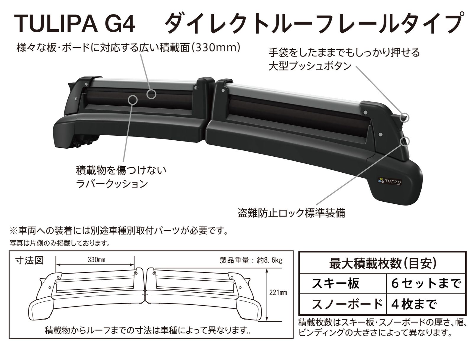 Terzo スキー・スノーボードキャリア スノーボード 4枚又はスキー6セット TULIPA G4 ダイレクトルーフレールタイプ シルバーメタリック  両側開き 盗難防止機能付 SS113SR SS113SR テルッツオ ピア PIAA - メルカリ