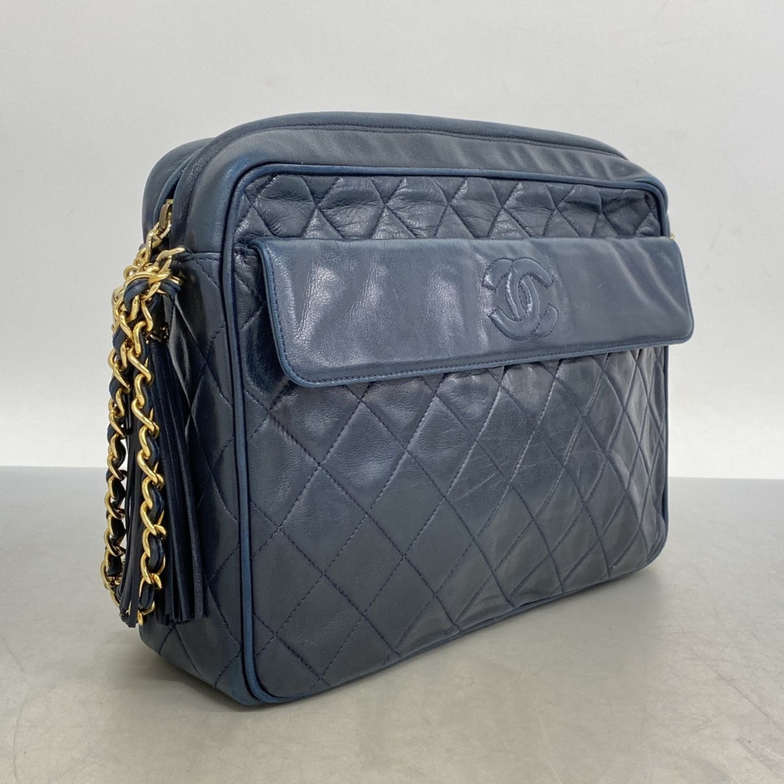 【シャネル】ビンテージ　マトラッセ　ラムスキン　ショルダーバッグ　ハンドバッグ CHANEL ミニ マトラッセ 18 1985年 ショルダーバッグ ネイビー