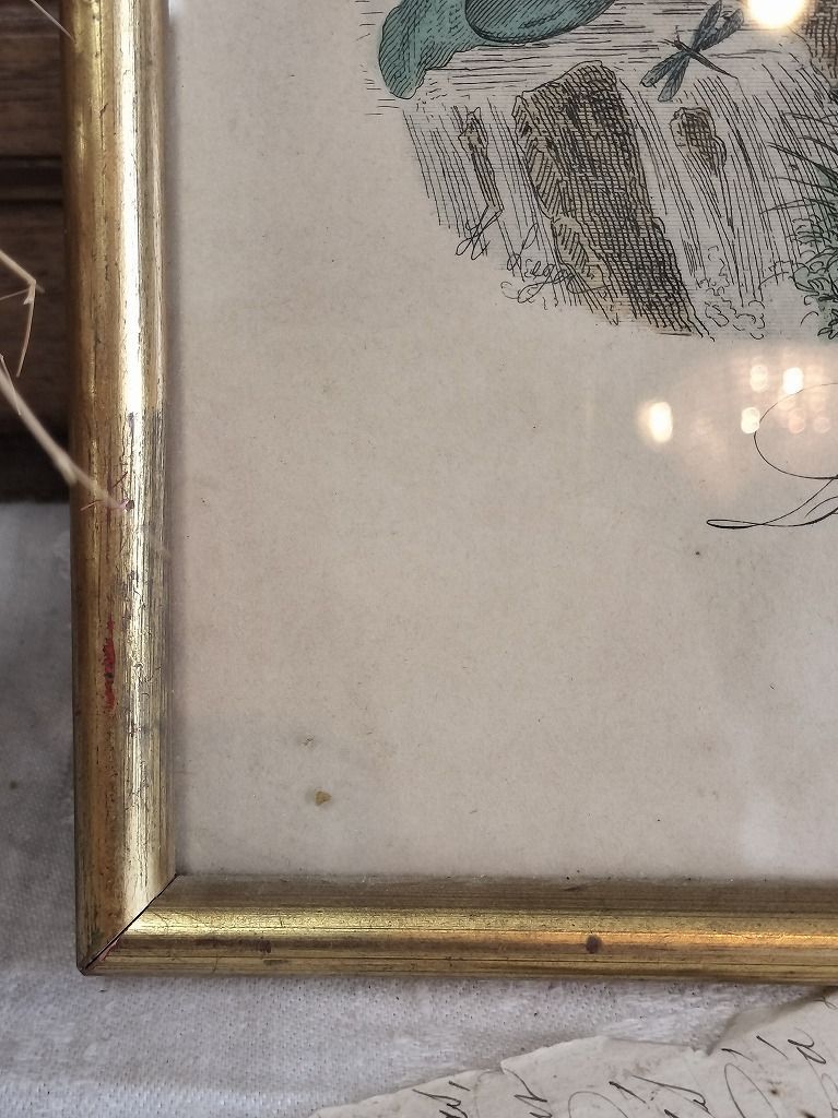 フランス アンティーク 木製 ファッションイラスト付き フレーム 額