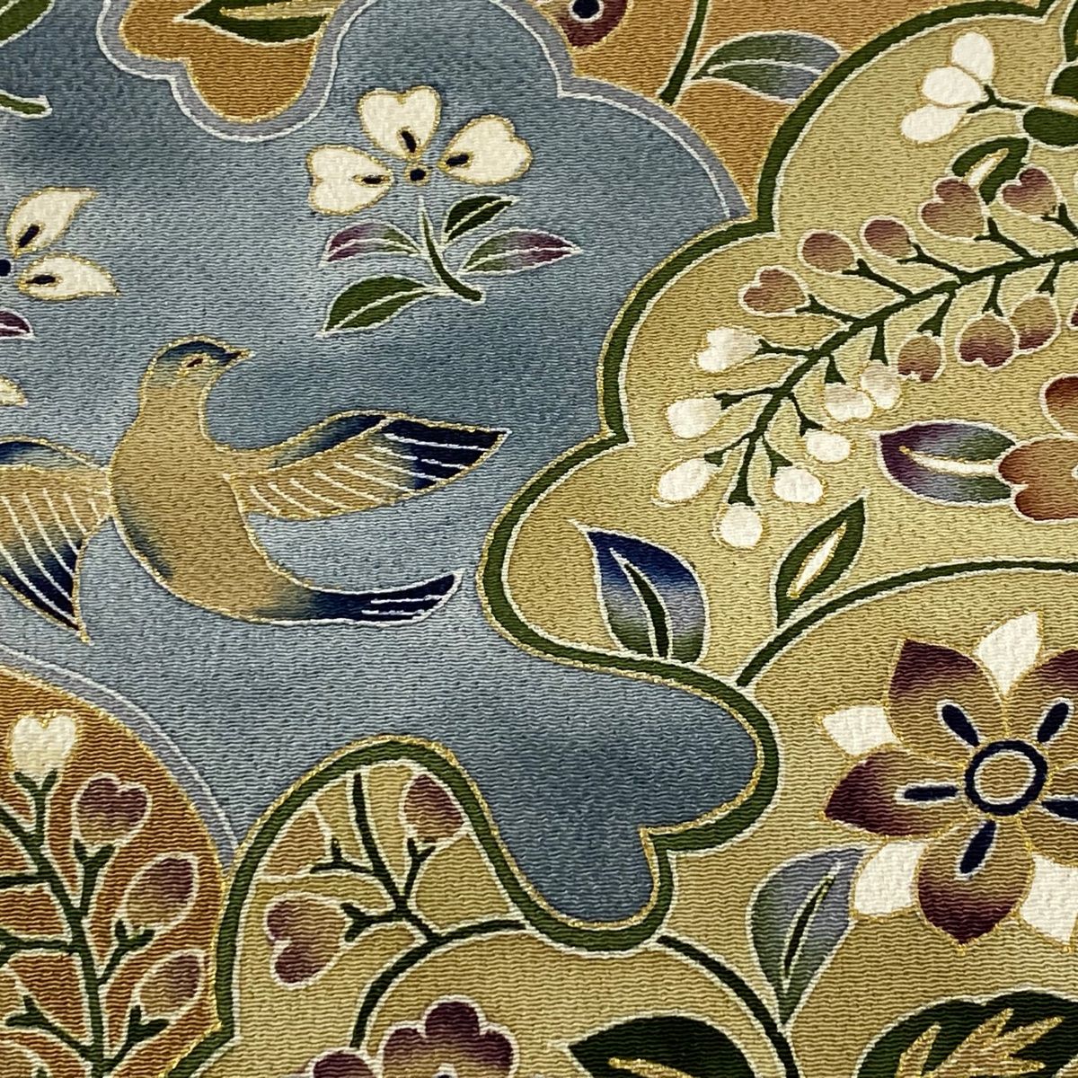 開き名古屋帯 美品 逸品 落款 久呂田明功 鳥 草花 金彩 縮緬