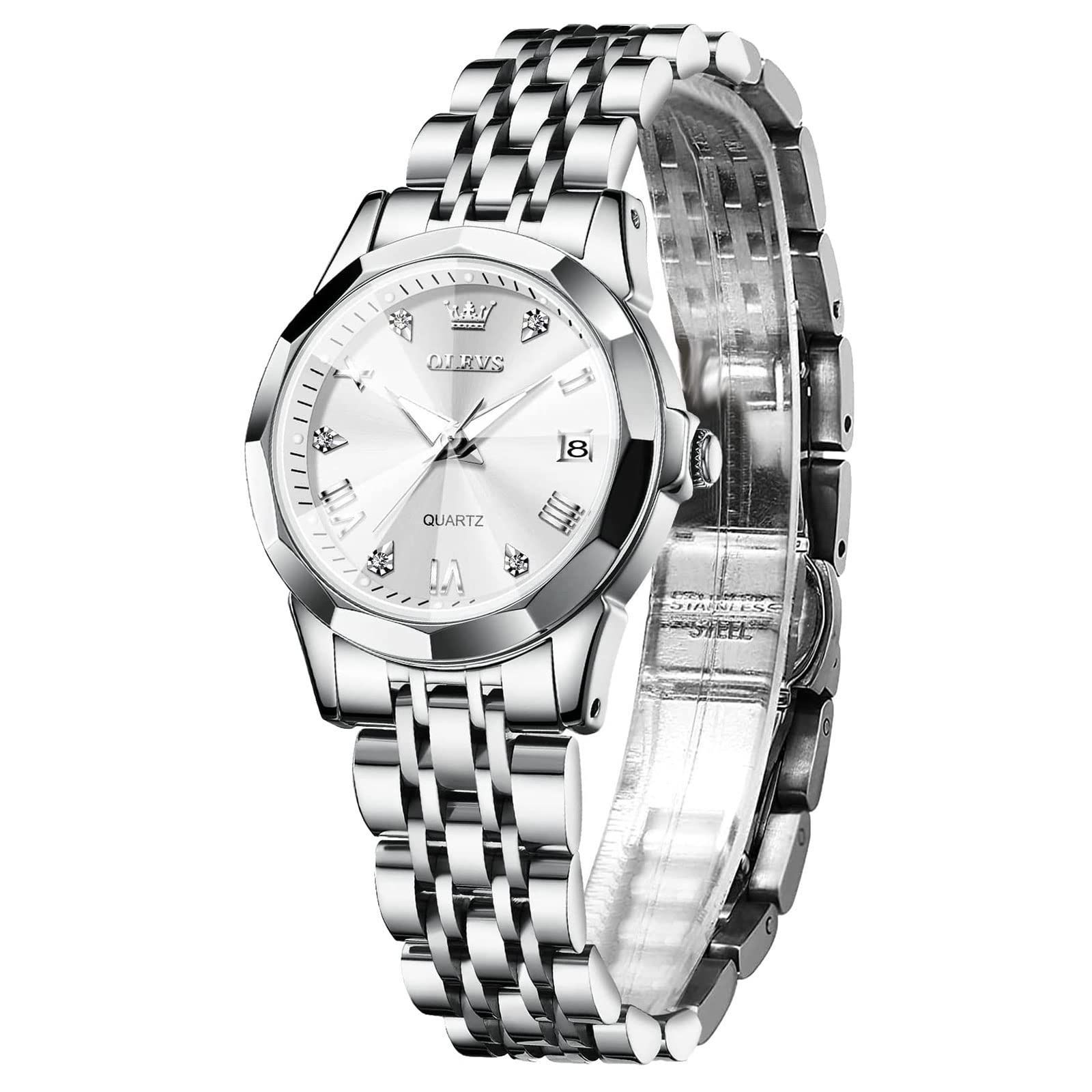 新着商品 Olevs ホワイト ギフト ファッション女性腕時計 ステンレスバンド Watch 小さいとけい腕時計レディース カジュアル かわいい シルバー腕時計 for レディース 日付 防水 アナログ クォーツ時計 Women おしゃれ レディース人気 腕