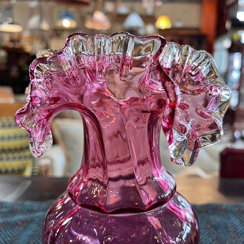 レトロ 花瓶 ピンク色 ガラスビン フリル フラワーベース かわいい 