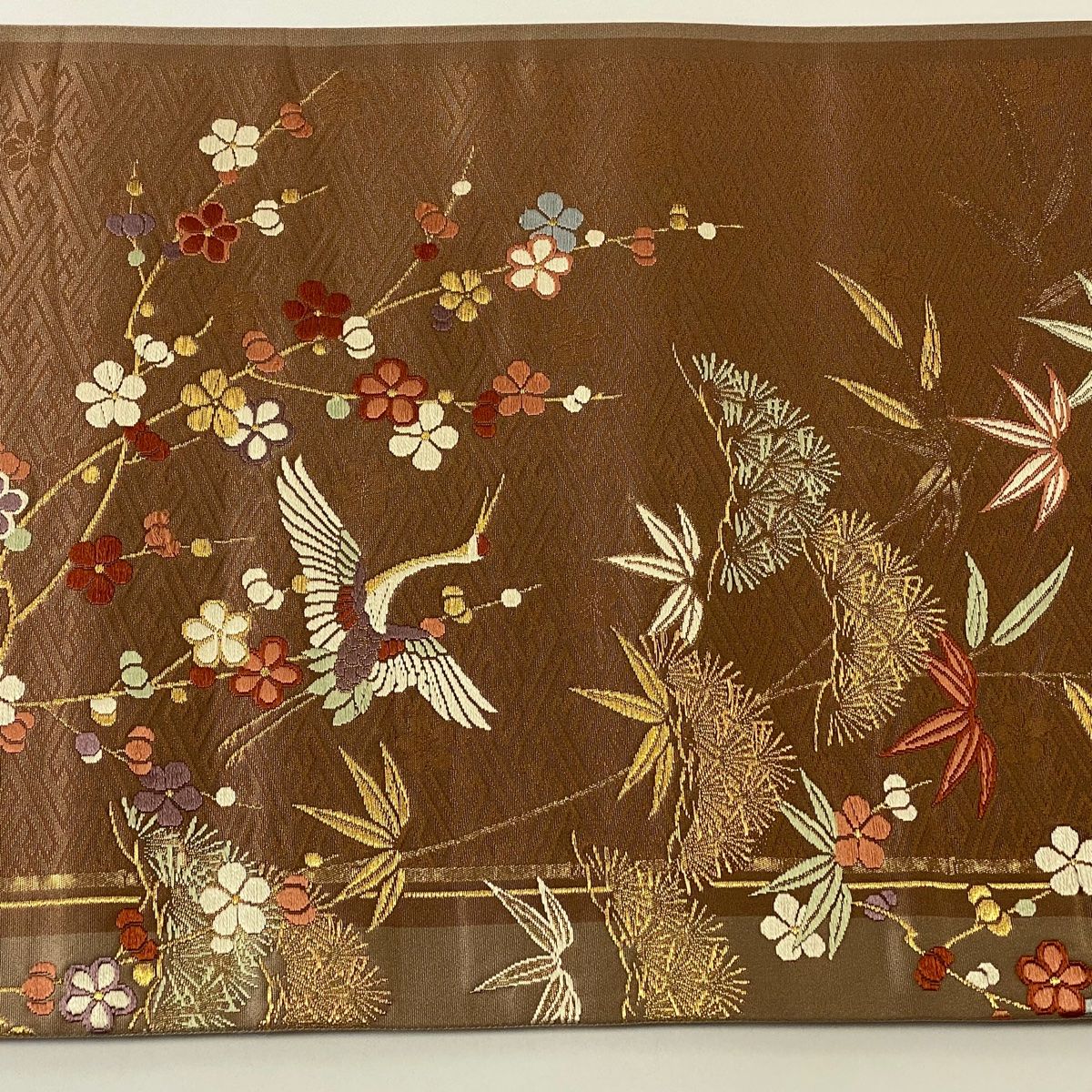 袋帯 美品 秀品 松竹梅 鶴 刺繍 金糸 薄茶色 六通 正絹 【中古
