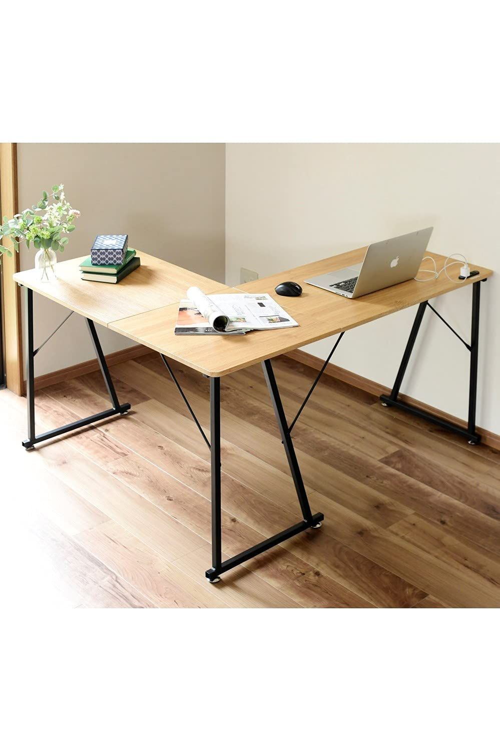 数量 オーク|シャイニーブラック 組立品 PND-1300 OAK|SBK 幅110×奥行130×高さ70cm パソコンデスク pcデスク 脚元ひろびろ 耐荷重70kg テレワーク 2口コンセント付き L字デスク デスク 山善