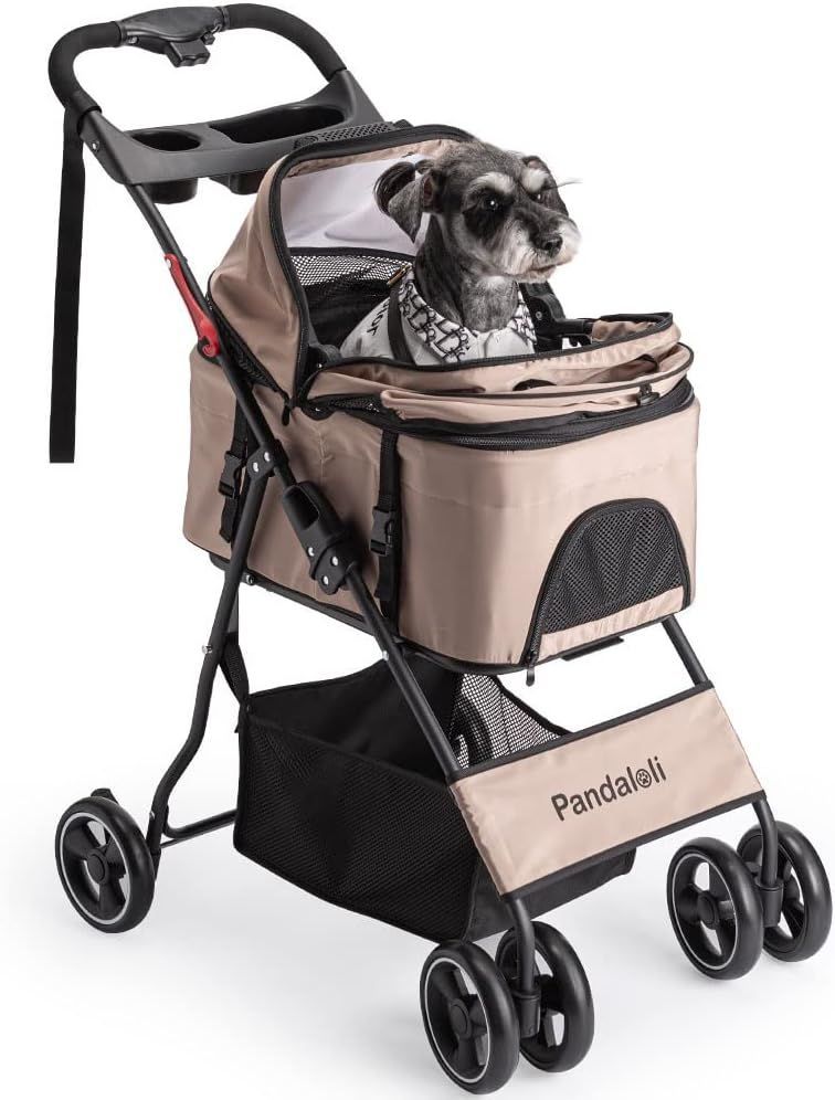 Pandaloli ペットカート ベビーカー 犬 バギー 小型犬 中型犬 猫 多頭 カート 4輪 軽量コンパクト 飛び出し防止リード2本付き 前輪360°回転 後輪ブレーキ付き 折りたたみ 組み立て簡単 耐荷重20Kg ベージュ色