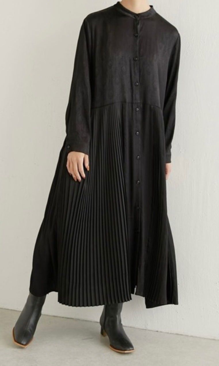 スミスタイル ピーコック柄ランダムプリーツワンピース ロングワンピース 長袖 黒 ブラック F フリーサイズ