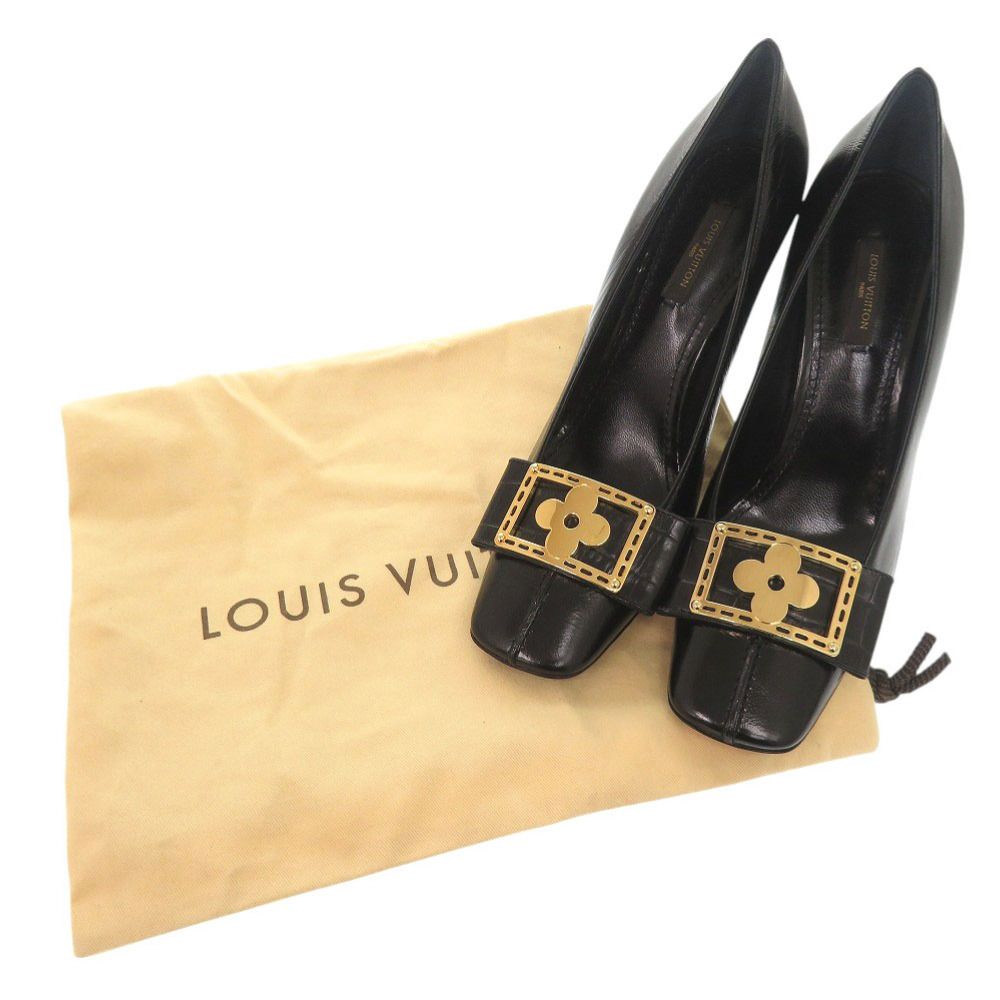 ルイヴィトン　LV パンプス　黒　レザー 37 1/2 約24.5cm 未使用品 ルイ ヴィトン フラワー サイズ37 1/2 クロコ型押し