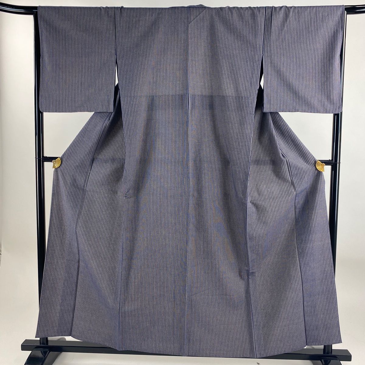 紬 身丈158cm 裄丈65.5cm M 単衣 縦縞 紺色 正絹 秀品