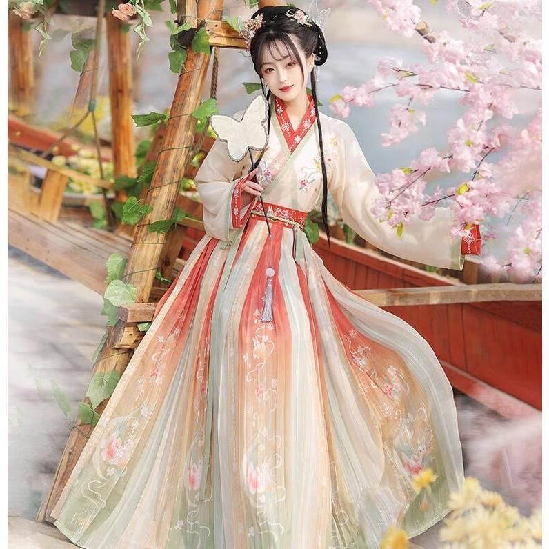 唐装漢服 グラデーション レディース中国古風振袖中華シャツ ロング丈スカート3点セットアップ 刺繍 仙女古典美人服 チャイナ服