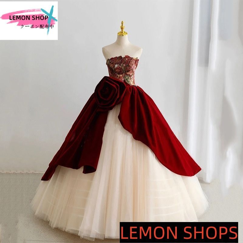 ♥ 2025 ロングドレス 演奏会 赤 ドレス パーティードレス ピアノ 発表会 オフショルダー ベアトップ カラードレス 撮影用 フォトウェディング ベルベット バラ シフォン LEMON