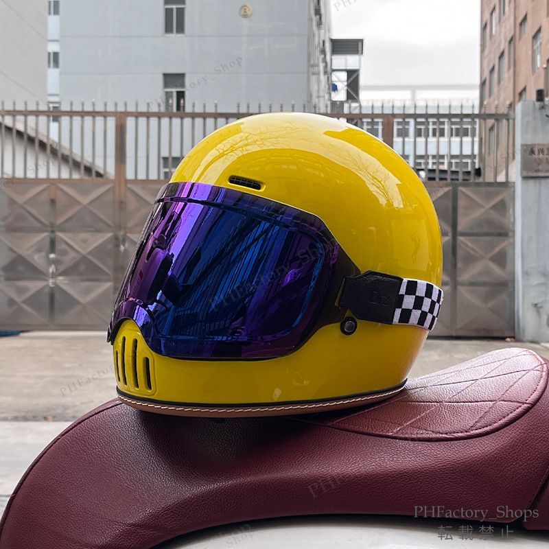 レトロヘルメット クラシック フルフェイスヘルメット ゴーグルが付き バイクヘルメット DOT認定 耐久性 安全性 通気性 男女兼用 イエロー A176