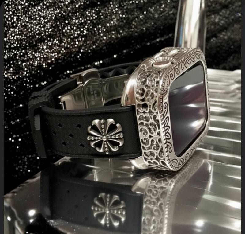 ブラック AppleWatch用フッ素ラバー バンド コンチョ アラベスクカバー ケース アップルウォッチ用 カスタムバンド 44 45 46 49 SE Ultra