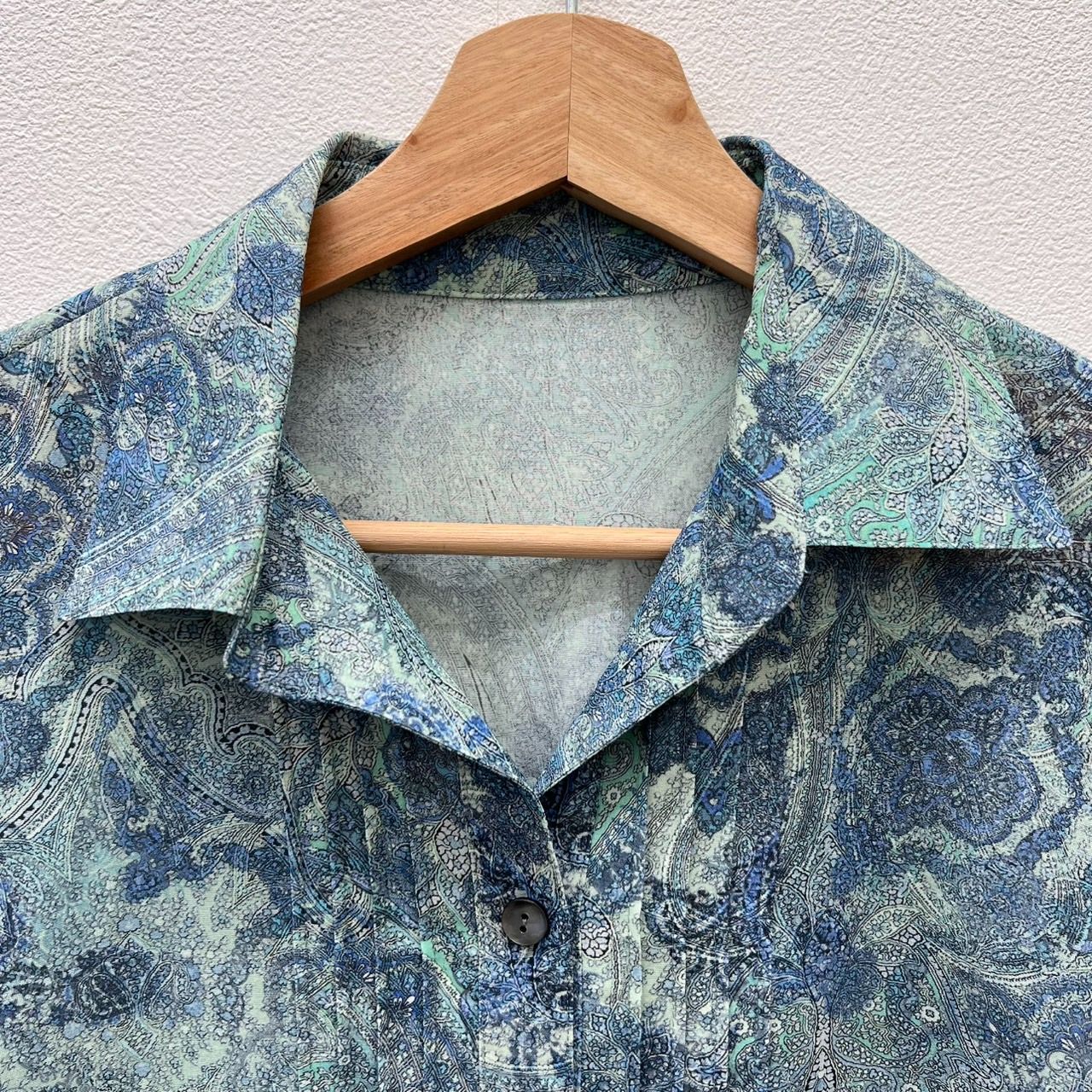 Leilian レリアン 薄手 ブラウス 七分袖 グリーン×ブルー系 13号 
