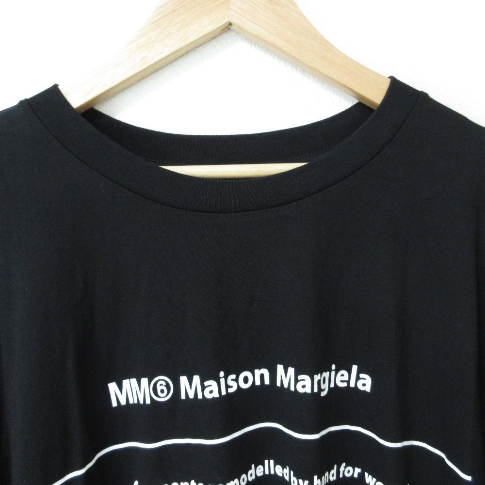 MM6 - 美品 21SS MM6 エムエムシックス メゾンマルジェラ ロゴ ストレッチ フレンチスリーブ フリンジ Tシャツ S ブラック レディース 古着 中古 USED 美品 21SS MM6 エムエムシックス メゾンマルジェラ ロゴ