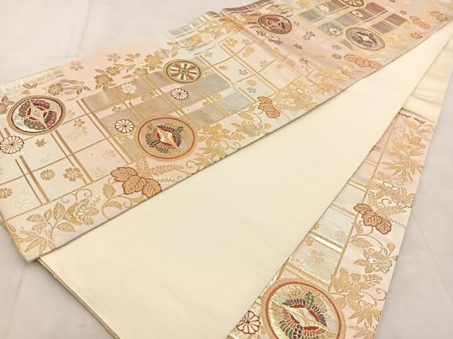平和屋着物◎六通柄袋帯 唐織 双鶴花蝶丸文 金銀糸 正絹 逸品