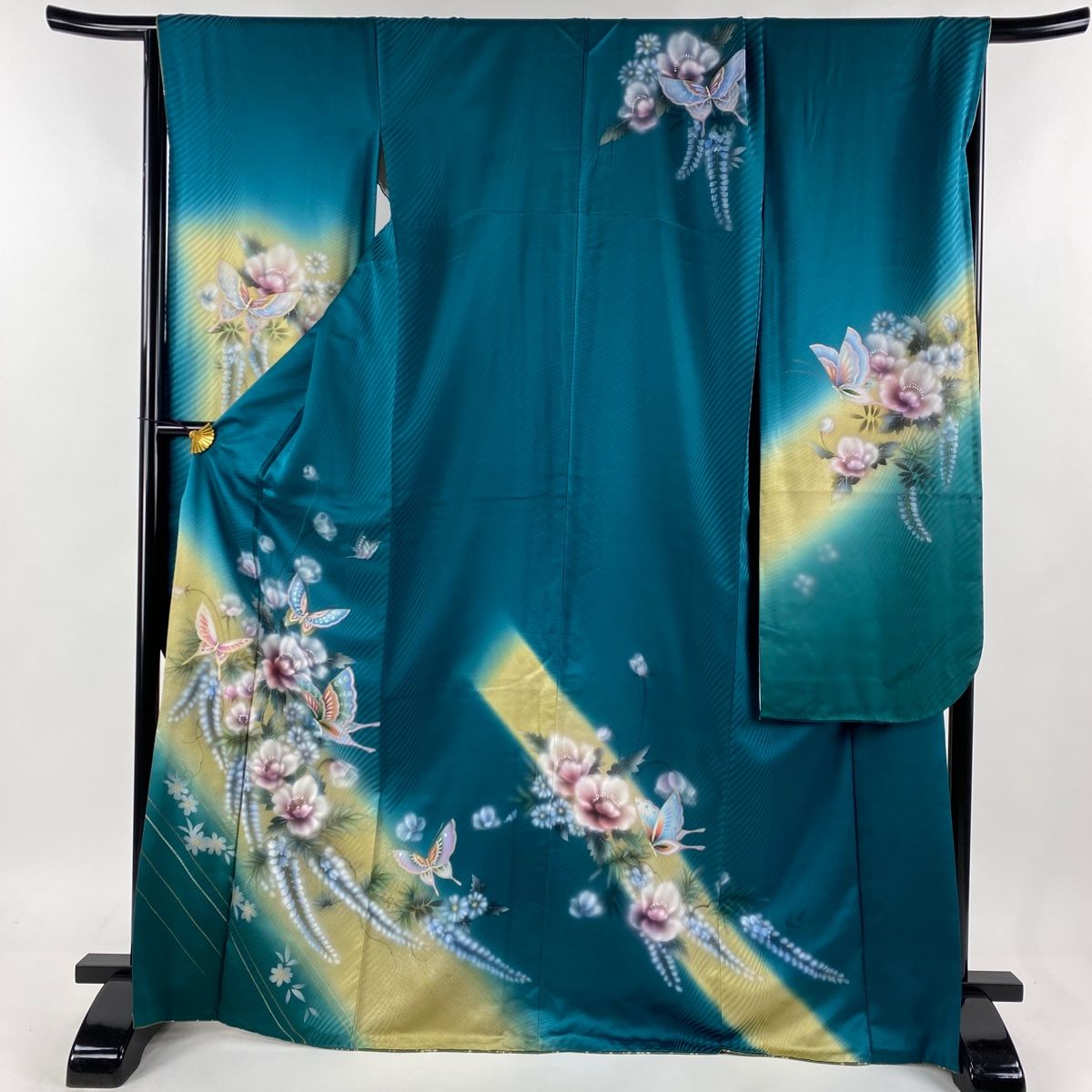 振袖 身丈170cm 裄丈68cm L 袷 蝶 草花 金銀彩 ぼかし 青緑 正絹 秀品