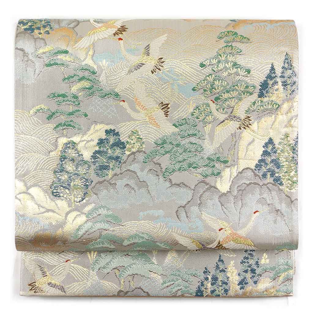 袋帯 幅31cm 長さ441cm レディース 松 秋冬春用 正絹 シルク シルバー リメイク リユース リサイクル 呉服のきくや