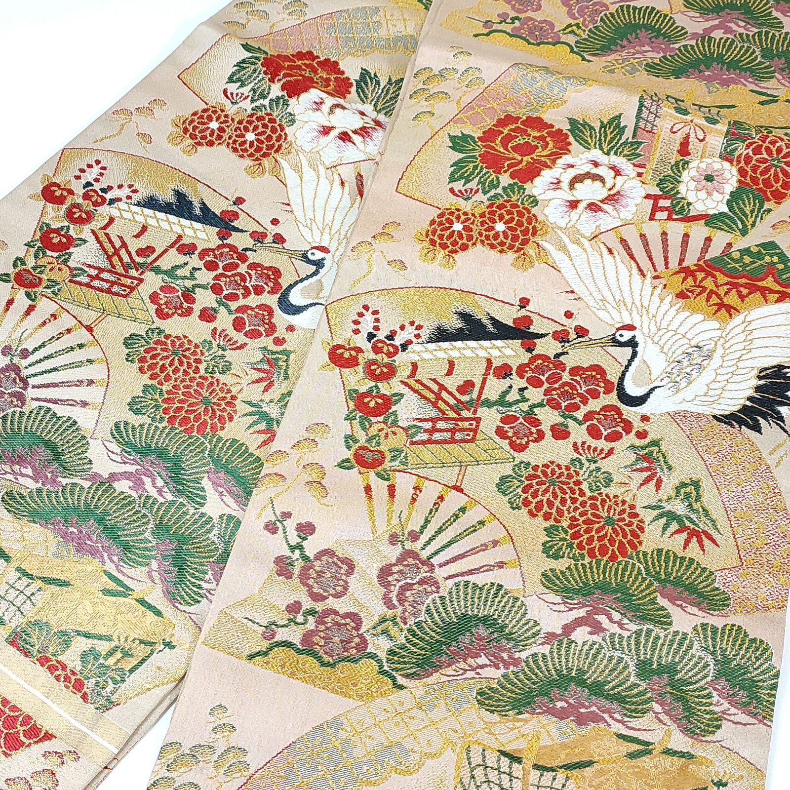 アンティーク帯 丸帯 全通リバーシブル 鶴 菊 松 梅 正月