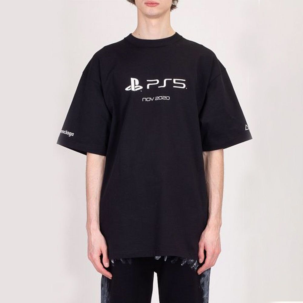 バレンシアガ Tシャツ + PlayStation printed cotton T-shirt プレステ５コラボ 半袖 丸首 クルーネック  651795 TKVF3 1070/XS メンズ レディース ブラック オーバーサイズ